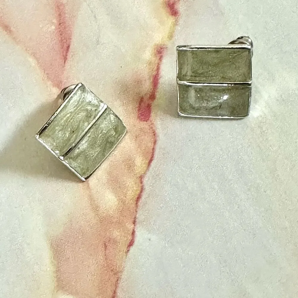 Silver tone and green post earrings